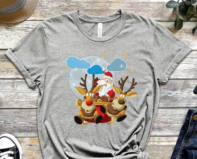 Santa'S Reindeer Shirt, Christmas Deer Shirt, Santa'S Sleigh, Flying Santa, Funny Christmas Shirt, Moon Christmas Shirt, Reindeer Tshirt 6