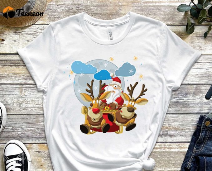 Santa'S Reindeer Shirt, Christmas Deer Shirt, Santa'S Sleigh, Flying Santa, Funny Christmas Shirt, Moon Christmas Shirt, Reindeer Tshirt 1