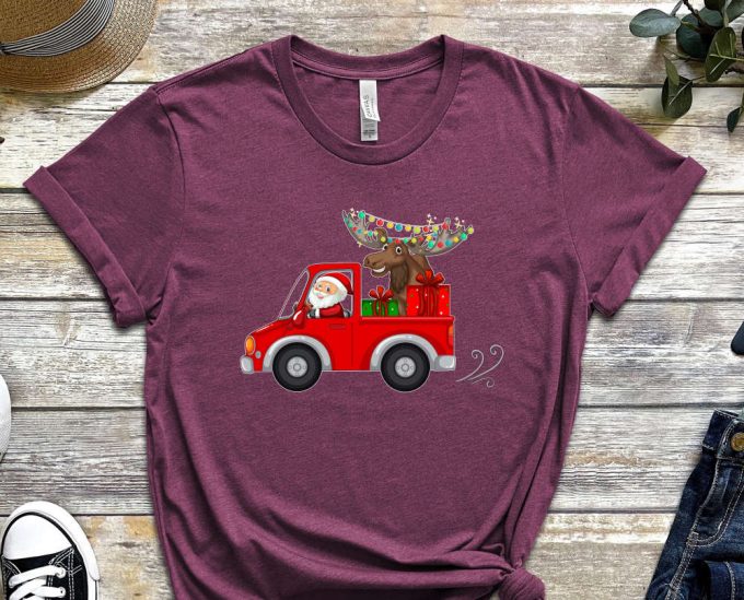 Santa'S Truck T-Shirt, Santa Shirt, Xmas Shirt For Boys, Santa Truck Shirt, Santa Carries Xmas Reindeer, Red Christmas Truck, Holiday Shirt 2