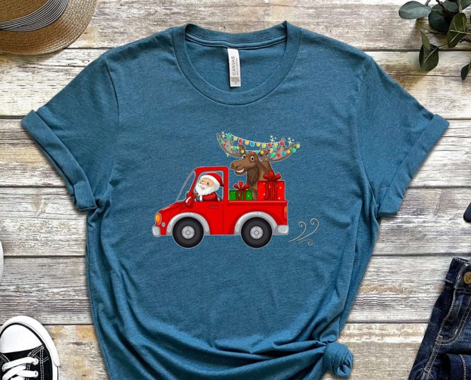 Santa'S Truck T-Shirt, Santa Shirt, Xmas Shirt For Boys, Santa Truck Shirt, Santa Carries Xmas Reindeer, Red Christmas Truck, Holiday Shirt 3