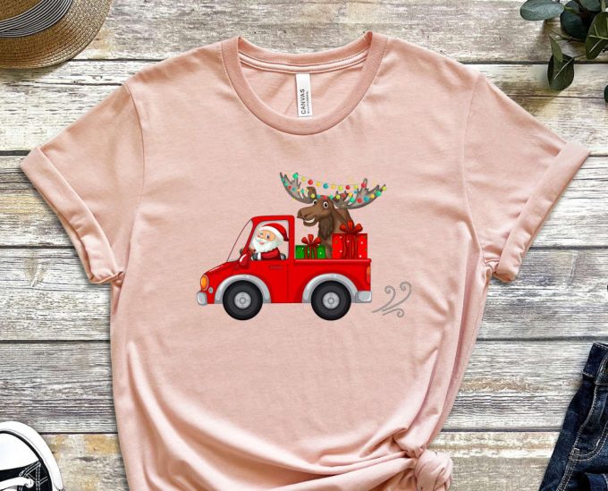 Santa'S Truck T-Shirt, Santa Shirt, Xmas Shirt For Boys, Santa Truck Shirt, Santa Carries Xmas Reindeer, Red Christmas Truck, Holiday Shirt 4