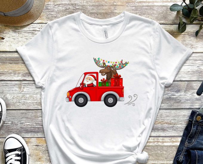 Santa'S Truck T-Shirt, Santa Shirt, Xmas Shirt For Boys, Santa Truck Shirt, Santa Carries Xmas Reindeer, Red Christmas Truck, Holiday Shirt 5