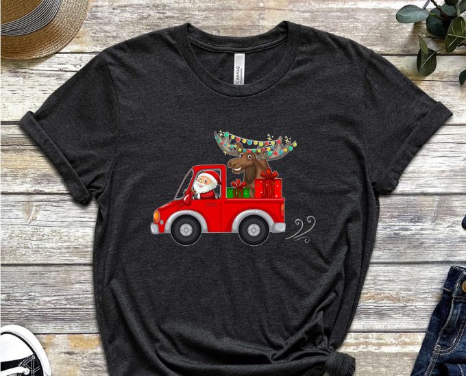 Santa'S Truck T-Shirt, Santa Shirt, Xmas Shirt For Boys, Santa Truck Shirt, Santa Carries Xmas Reindeer, Red Christmas Truck, Holiday Shirt 6