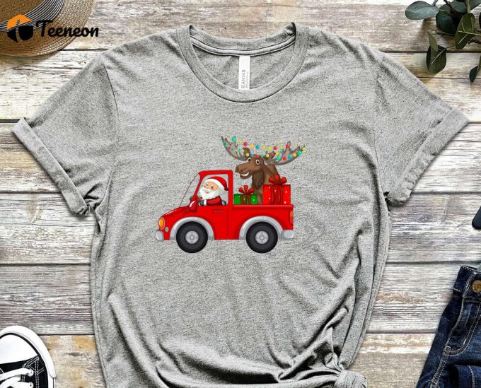 Santa'S Truck T-Shirt, Santa Shirt, Xmas Shirt For Boys, Santa Truck Shirt, Santa Carries Xmas Reindeer, Red Christmas Truck, Holiday Shirt 1