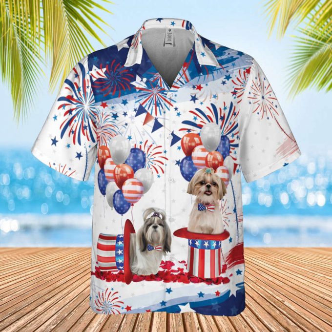 Shih Tzu Independence Day Hawaiian Shirt, Shih Tzu American Flag Shirt, 4Th Of July, Tropical Pattern Shirt, Firework Hawaii Travel Shirt 2