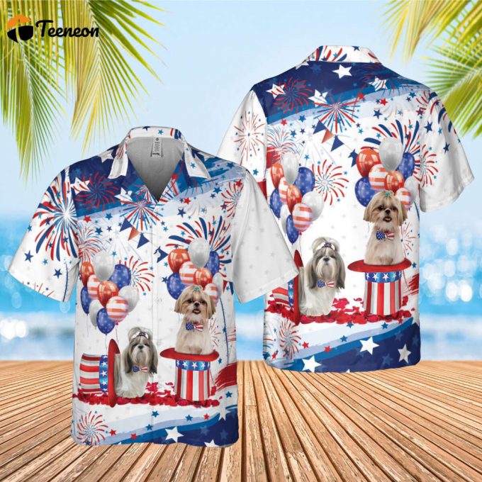 Shih Tzu Independence Day Hawaiian Shirt, Shih Tzu American Flag Shirt, 4Th Of July, Tropical Pattern Shirt, Firework Hawaii Travel Shirt 1