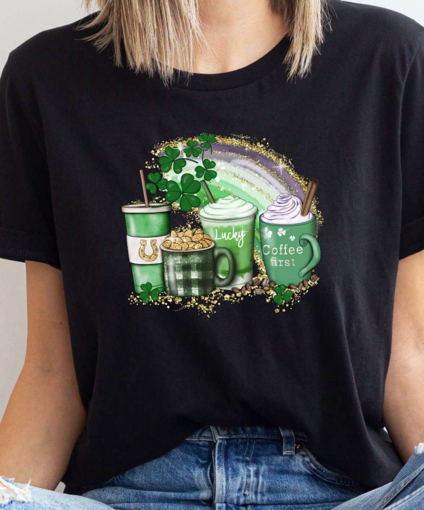 St. Patrick'S Day Coffee T-Shirt, Green Lucky Clover Shirt, Four Leaf Clover Tee, Luck Of Irish Shirt, St. Patrick'S Day Coffee 7