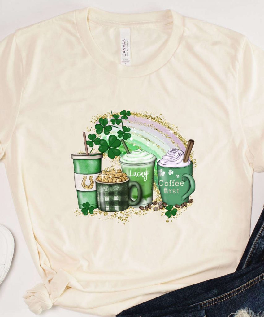 St. Patrick'S Day Coffee T-Shirt, Green Lucky Clover Shirt, Four Leaf Clover Tee, Luck Of Irish Shirt, St. Patrick'S Day Coffee 9