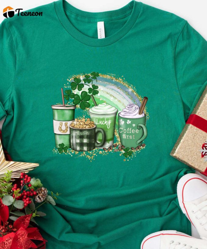 St. Patrick'S Day Coffee T-Shirt, Green Lucky Clover Shirt, Four Leaf Clover Tee, Luck Of Irish Shirt, St. Patrick'S Day Coffee 1