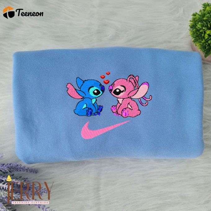 Stitch And Angel In Love Disney Nike Embroidered Sweatshirt 1