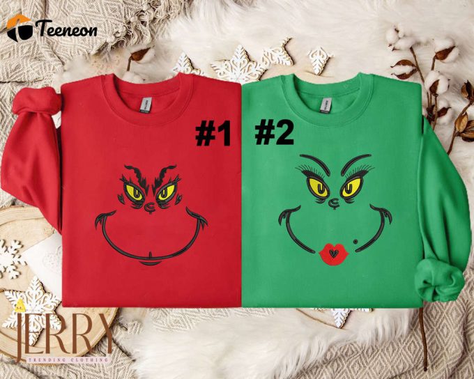 The Grinch Face Embroidered Crewneck Sweatshirt Hoodie, Grinch Face Christmas Crewneck, Grinchmas Shirt 1