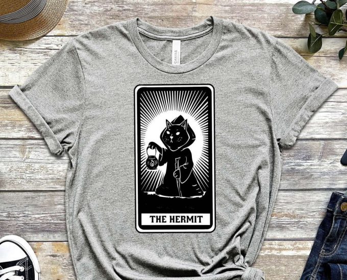 The Hermit Tee, Black Cat Tee, Tarot Card Shirt, Dark Design Shirt, Illustration Shirt, Graphics, Tee, Gift For Kitty Lover, Cat Shirt 2