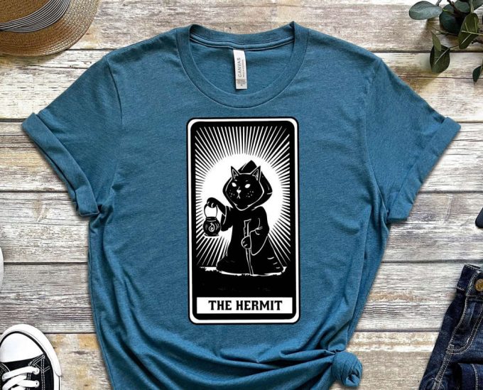 The Hermit Tee, Black Cat Tee, Tarot Card Shirt, Dark Design Shirt, Illustration Shirt, Graphics, Tee, Gift For Kitty Lover, Cat Shirt 3