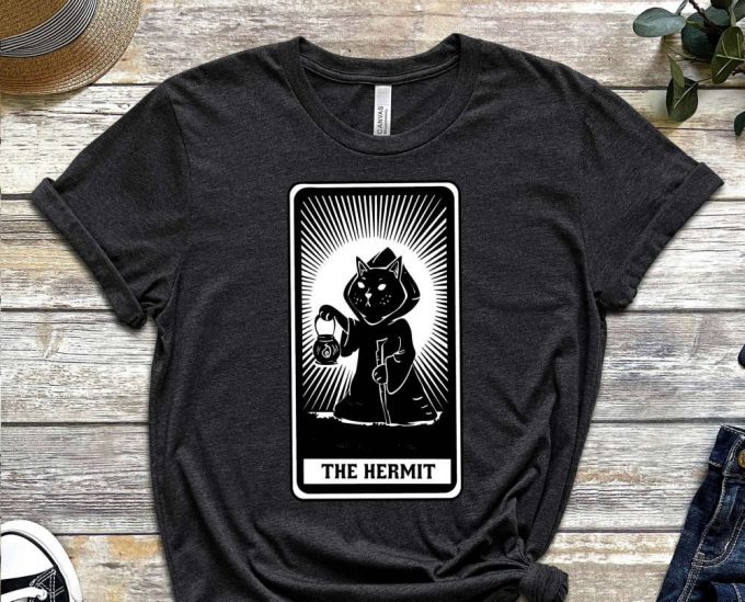 The Hermit Tee, Black Cat Tee, Tarot Card Shirt, Dark Design Shirt, Illustration Shirt, Graphics, Tee, Gift For Kitty Lover, Cat Shirt 4