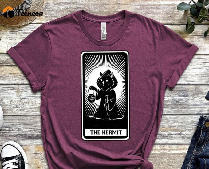 The Hermit Tee, Black Cat Tee, Tarot Card Shirt, Dark Design Shirt, Illustration Shirt, Graphics, Tee, Gift For Kitty Lover, Cat Shirt 1