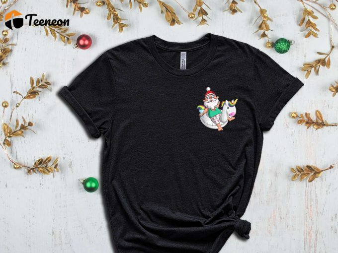 Unicorn Santa Pocket Size T-Shirt, Unicorn Christmas, Santa Riding Unicorn, Funny Christmas Tees, Xmas Unicorn, Santa Shirt, Unicorn Shirt 1