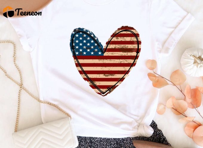 Usa Flag Heart T-Shirt, American Flag Shirt, Retro American Flag Tee, Usa Flag Patriot Tshirt, Womens Love American Flag Tee For Her 1