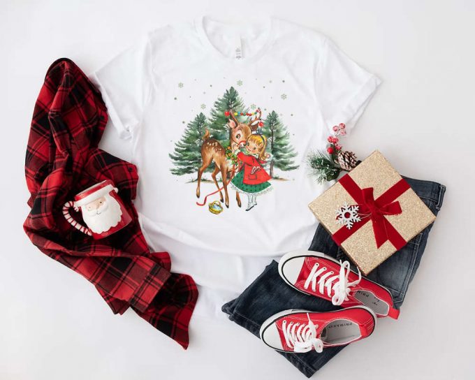 Vintage Christmas Girl &Amp; Reindeer Shirt: Retro 1950 S Sweater Tree Sweatshirt - Perfect For Christmas Party! 4