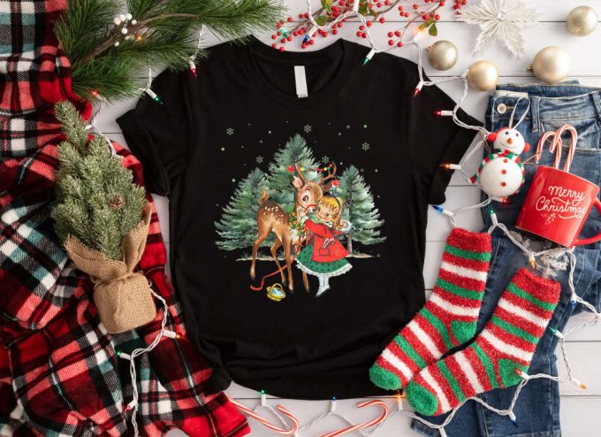 Vintage Christmas Girl &Amp; Reindeer Shirt: Retro 1950 S Sweater Tree Sweatshirt - Perfect For Christmas Party! 5