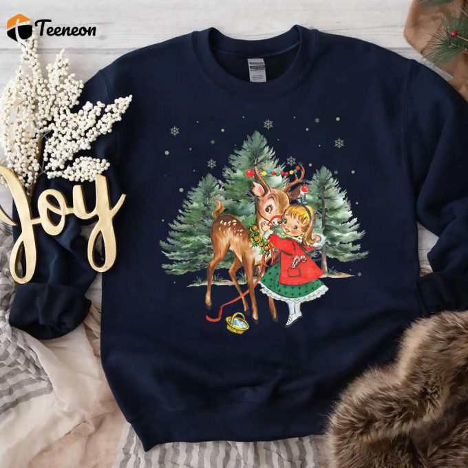 Vintage Christmas Girl &Amp;Amp; Reindeer Shirt: Retro 1950 S Sweater Tree Sweatshirt - Perfect For Christmas Party! 1