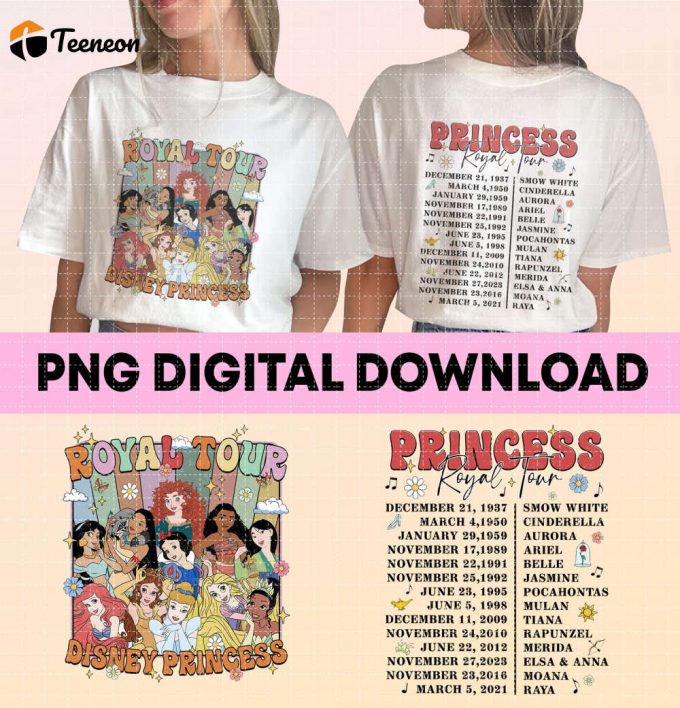 Vintage Disneyland Princess Royal Tour Png: Floral Characters Concert Music Shirt For Disneyland Girl Trip 2023 1