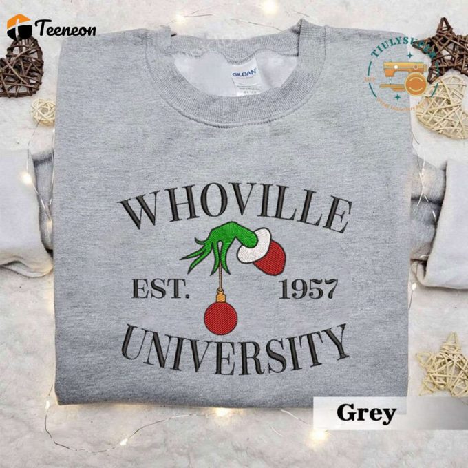 Whoville University Embroidered Sweatshirt, Christmas Embroidery Sweatshirt, Cute Sleeve 1