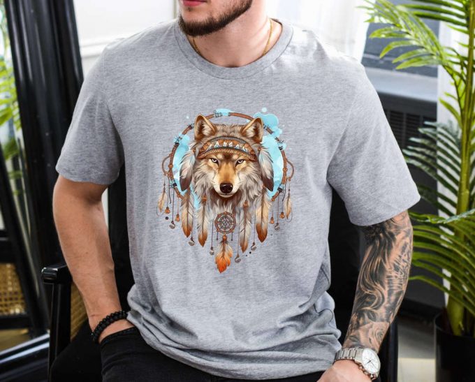 Native Feather Wolf T-Shirt: Embrace The Spirit Of American Indigenous Art With Our Full Moon Animal Shirt And Dreamcatcher Design 2