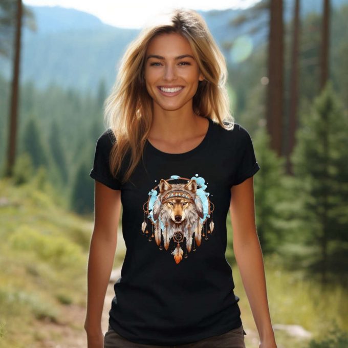 Native Feather Wolf T-Shirt: Embrace The Spirit Of American Indigenous Art With Our Full Moon Animal Shirt And Dreamcatcher Design 3