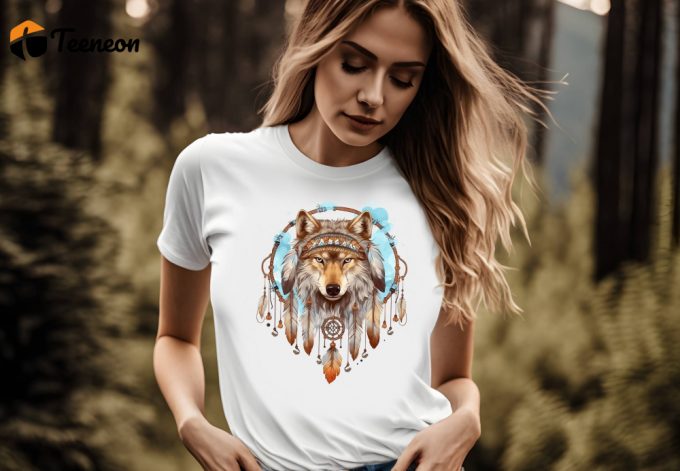 Native Feather Wolf T-Shirt: Embrace The Spirit Of American Indigenous Art With Our Full Moon Animal Shirt And Dreamcatcher Design 1