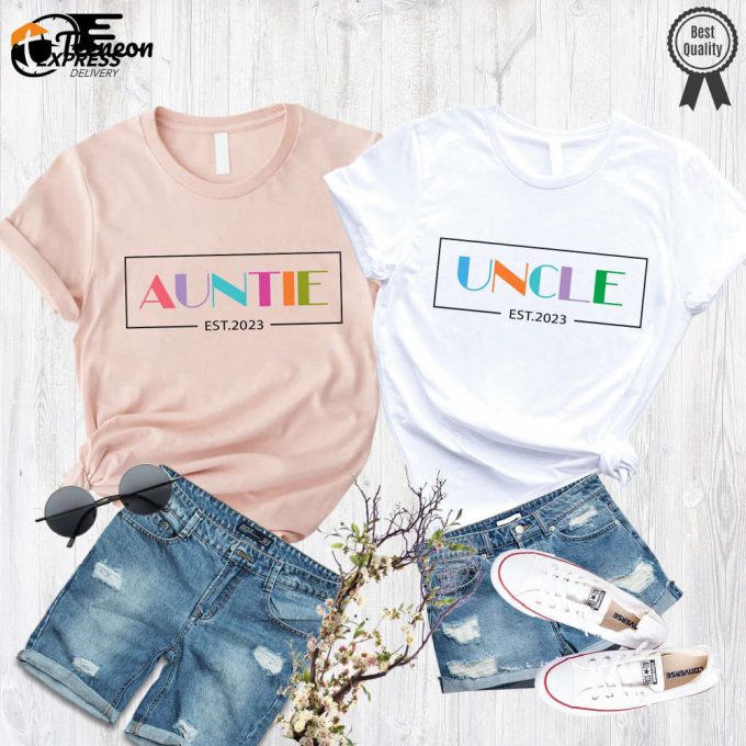 Shop Auntie And Uncle Shirts Uncle Est &Amp;Amp; Auntie Est Shirts New Uncle &Amp;Amp; Aunt Est 2023 Pregnancy Announce Shirt 1