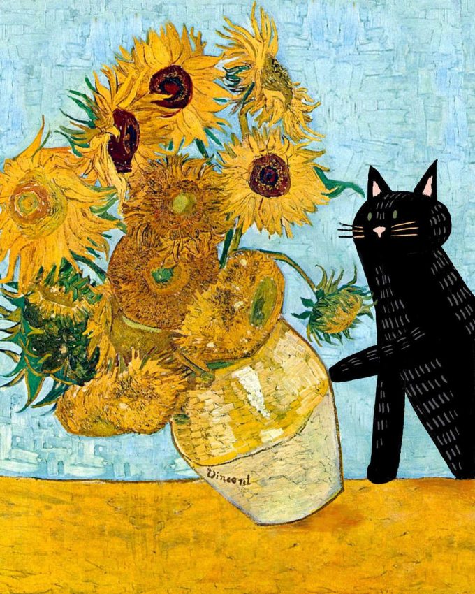 Black Cat Knocking Over Van Goghs Sunflowers - Funny Cat Art - Tippys Friends Poster For Home Decor Gift 2