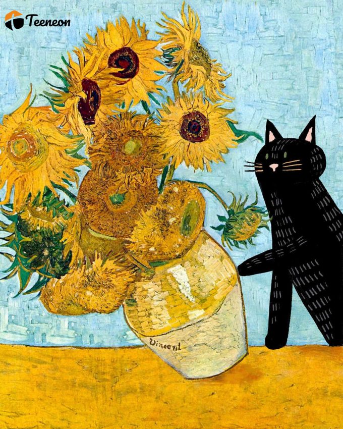 Black Cat Knocking Over Van Goghs Sunflowers - Funny Cat Art - Tippys Friends Poster For Home Decor Gift 1