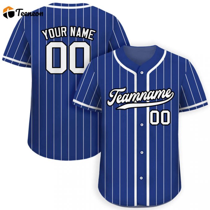 Custom Baseball Jersey For Men Women &Amp;Amp; Youth Personalized Pinstripe Button Down Blue &Amp;Amp; White Teamname Name Number Printed Jersey 1