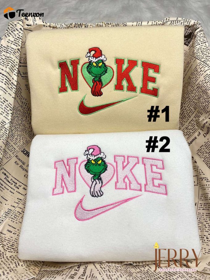 Cute Grinch Couple Nike Embroidered Sweatshirt, Xmas Gift For Couple 1