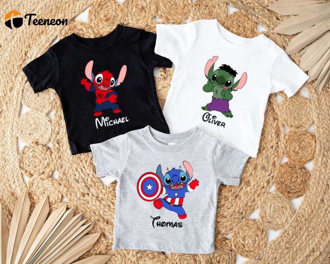 Disney Stitch Superhero Shirt: Hulk Spiderman Captain America - Kids Cartoon Shirt 1