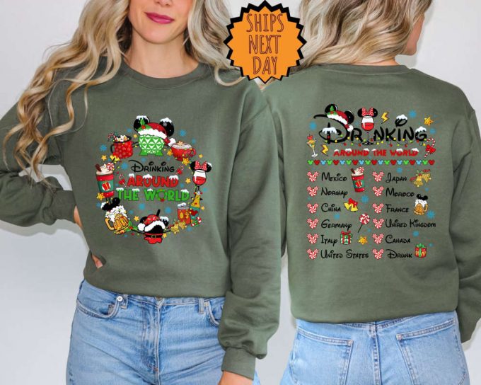 Drinking Around The World Sweatshirt ,Xmas Disney Drinks Hoodie, Two Sided World Traveler Sweater, Disney Drinking Shirt, Epcot Disney Gift 3