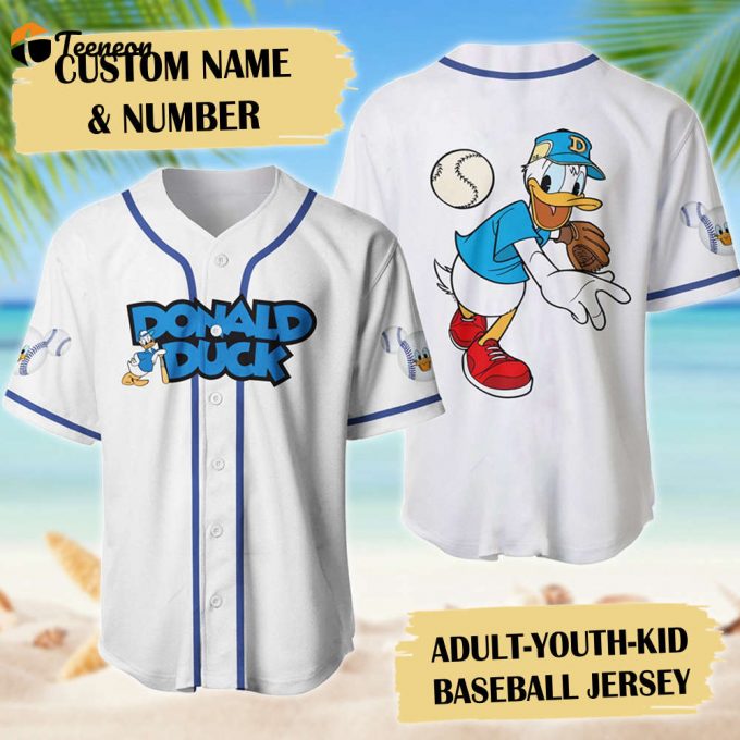 Magic World Duck Throwing Ball Graphic Baseball Jersey - White Blue Cartoon Movie Shirt 1