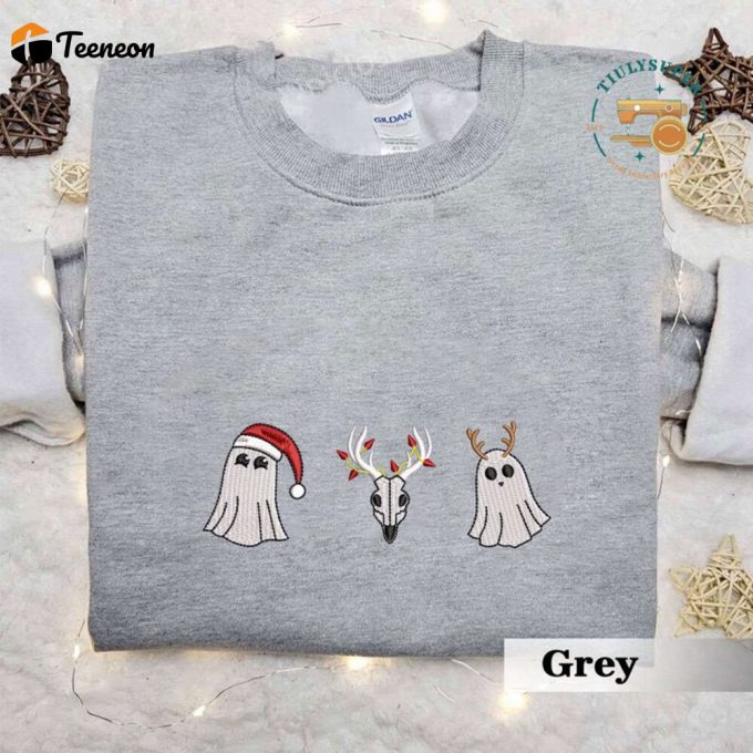 Embroidered Christmas Spooky Sweatshirt, Christmas Spooky Season Sweater, Spooky Embroidered Sweatshirt, Ghost Embroidered Shirt 1