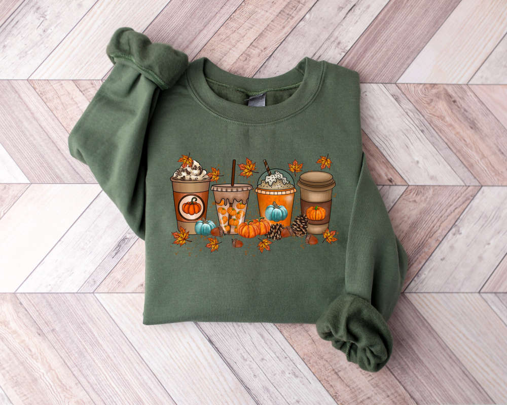 Fall Coffee Sweatshirt, Halloween Pumpkin Latte Drink Cup, Coffee Lover Gift, Thanksgiving Sweatshirt, Coffee Cup Sweatshirt,Halloween Party 73
