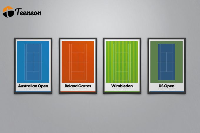 Grand Slam Tournament Art Set Of 4, Tennis Poster Prints, Australian Open Print, Wimbledon Poster, Us Open 1