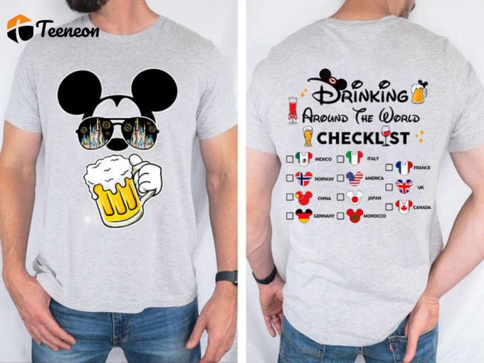 Mickey Beer Minnie Wine Front And Back Shirt, Epcot Drinking Around The World T-Shirt Drinking Around The World Checklist Disneyworld Couple 1