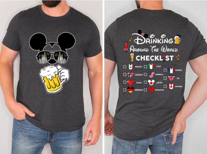 Mickey Beer Minnie Wine Front And Back Shirt, Epcot Drinking Around The World T-Shirt Drinking Around The World Checklist Disneyworld Couple 2