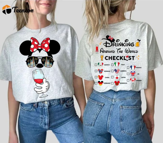 Mickey Beer Minnie Wine Front And Back Shirt, Epcot Drinking Around The World T-Shirt Drinking Around The World Checklist Disneyworld Couple 1