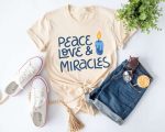 Happy Hanukkah Shirt: Peace Love Miracles & Menorah – Festival of Lights Jewish Celebration