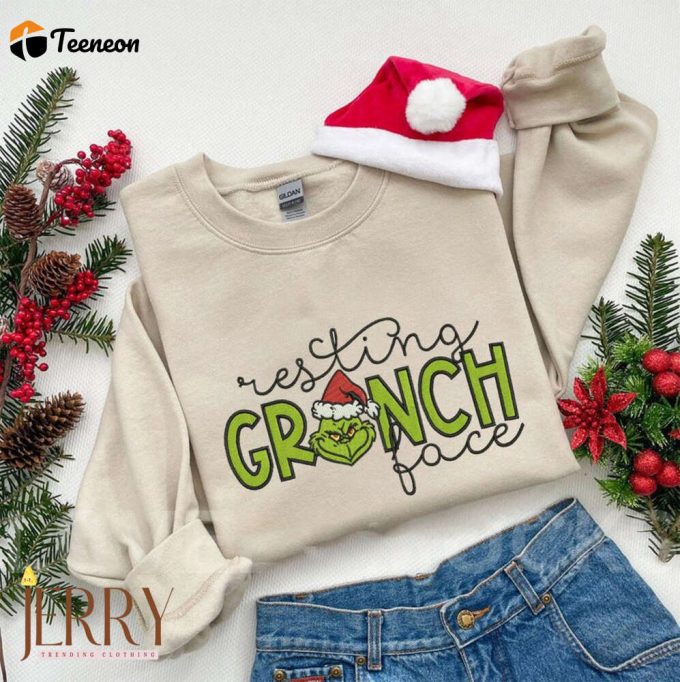 Resting Grinch Face Christmas Embroidered Sweatshirt, Funny Christmas Grinch Sweatshirt, Happy New Year, Xmas Gift