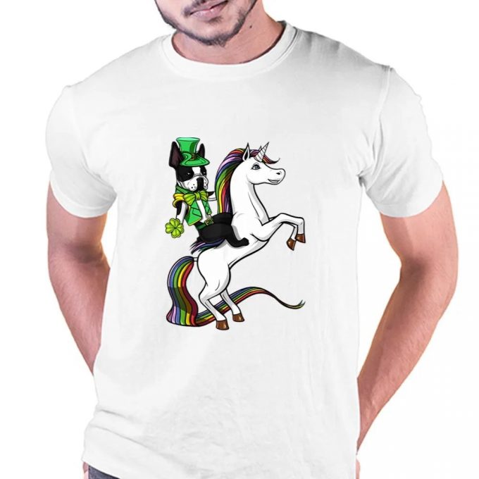 St Patricks Day Boston Terrier Dog Riding Unicorn T Shirt 2