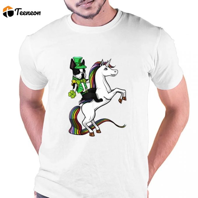 St Patricks Day Boston Terrier Dog Riding Unicorn T Shirt 1