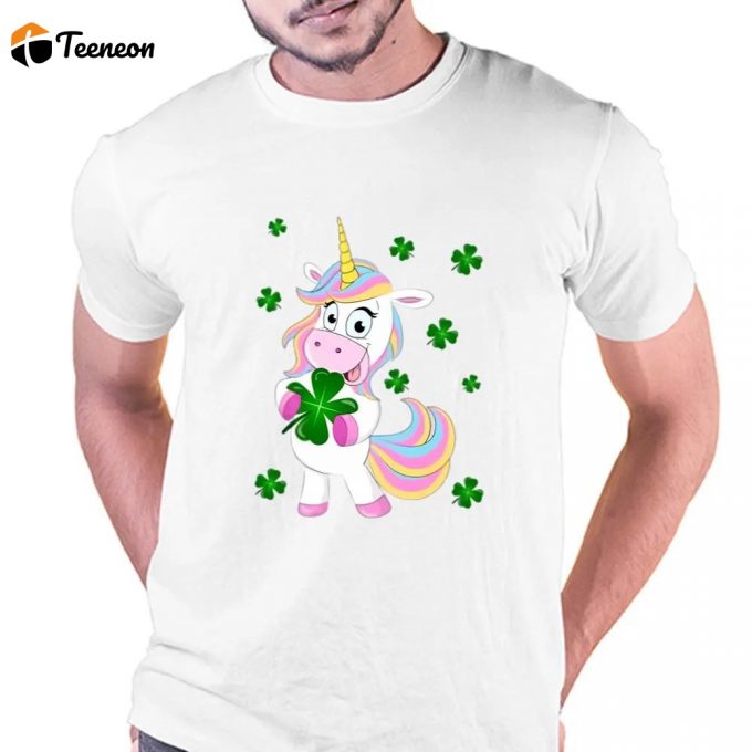 St Patrick’s Day Lucky Unicorn Holding A Four Leaf Clover T Shirt 1