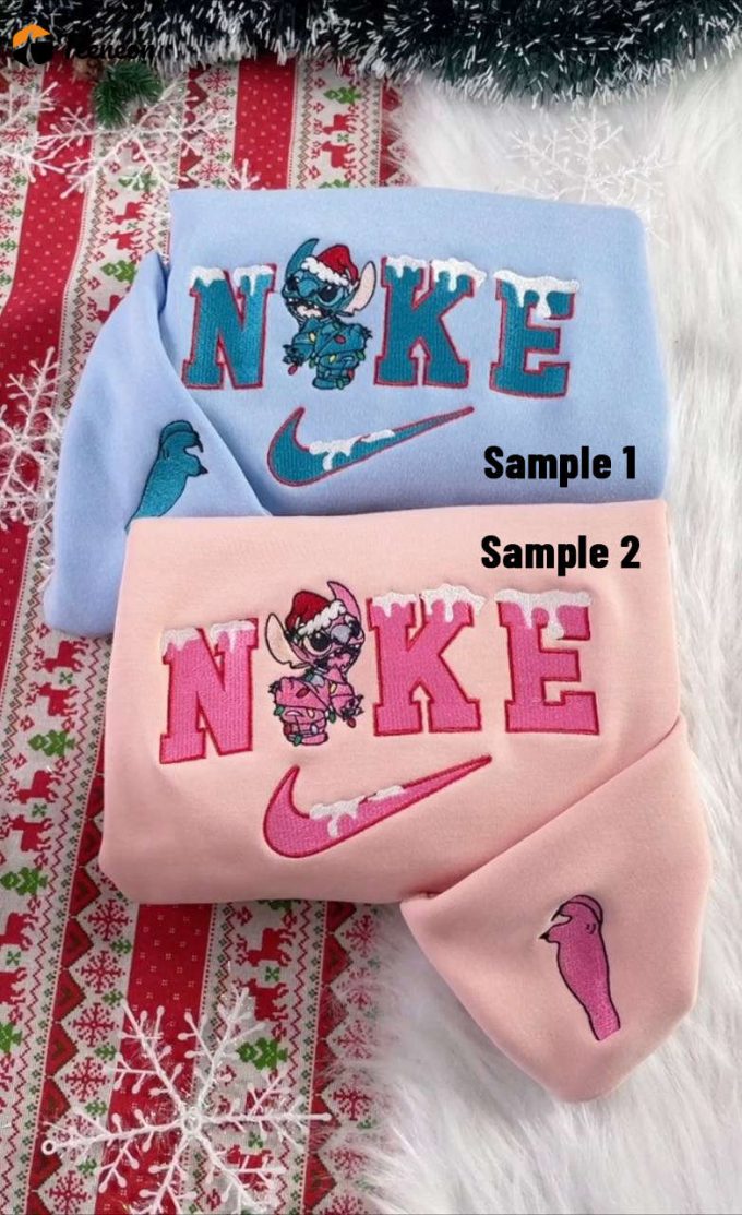 Stitch And Angel Disney Christmas Nike Embroidered Sweatshirts