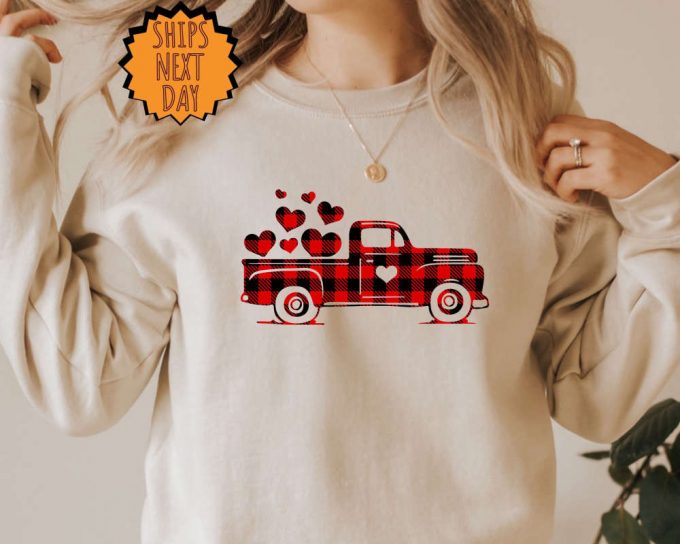 Valentines Plaid Patterned Truck Sweatshirt, Valentines Day Hoodie, Heart Gift Shirt ,Cute Valentine Shirt ,Cute Valentines Gift Sweatshirt 5